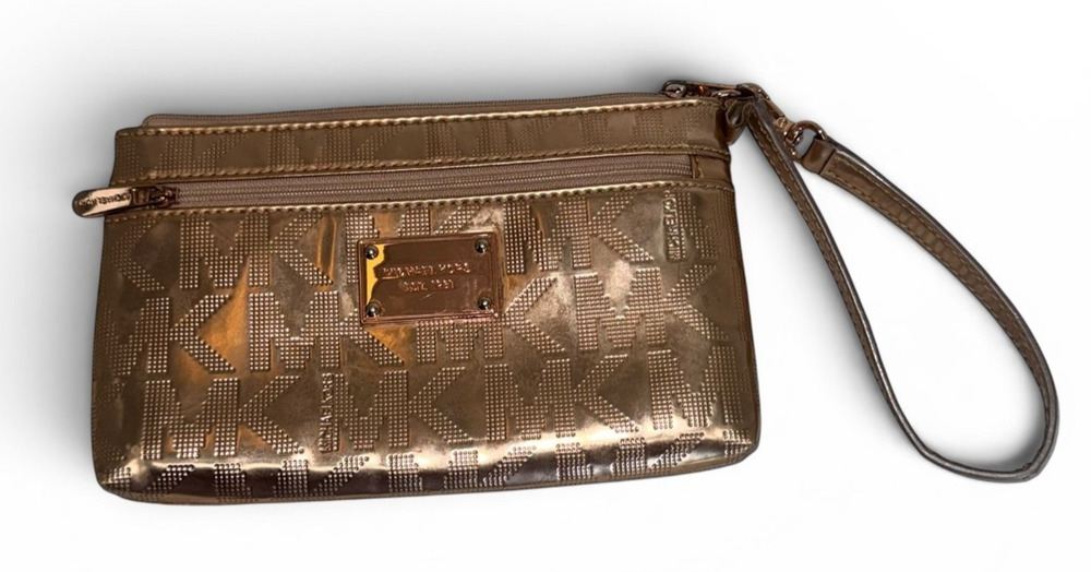 Michael Kors Metallic Rose Gold MK Logo Wristlet Clutch Zip Pouch Wallet Purse